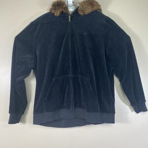 Vtg Lauren Ralph Lauren Jacket Women 1X  Black Velvet With Faux Fur Trim Hood